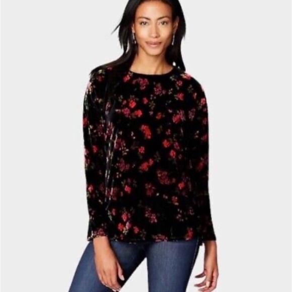 J. Jill Tops - J Jill Black Floral Velour Velvet Long-sleeve Top Size XS